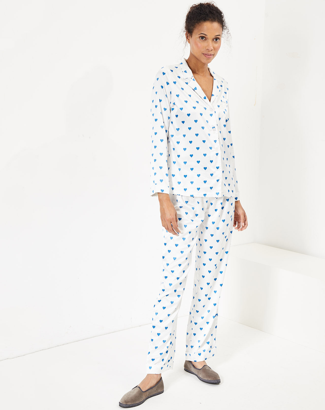 Quartier Latin Pyjama satiné Heart imprimé blanc/bleu