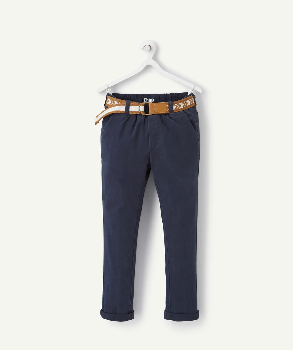 PANTALON CHINO GARÇON BLEU MARINE AVEC CEINTURE CAMEL