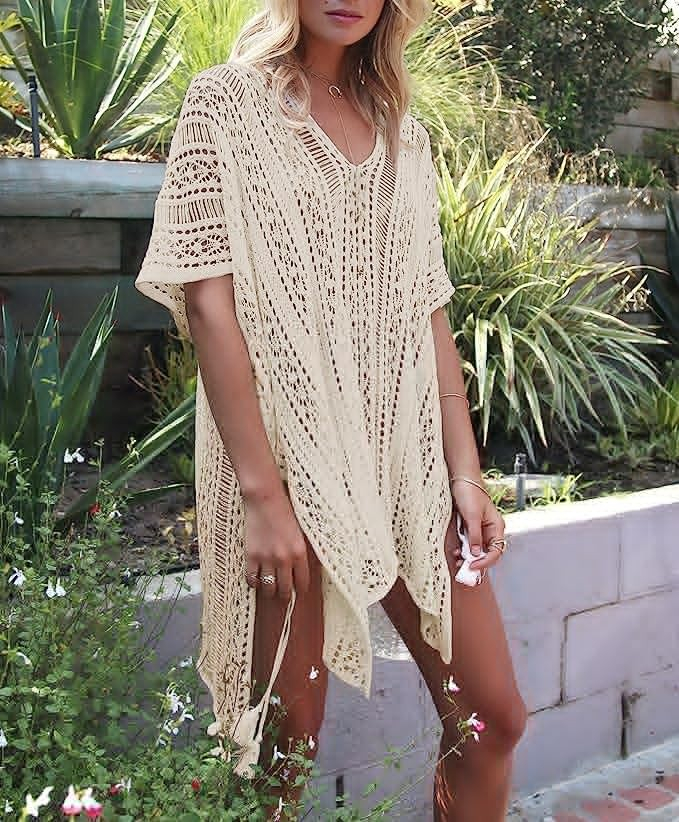 Gehäkeltes Damen Bikini Strand Kleid Sommer Poncho Beach Fashion mit seitlicher Schnürung (One Size) - Beige