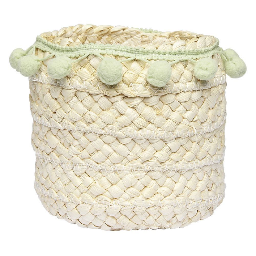 Panière ronde en jonc naturel avec pompons vert Ø16 cm