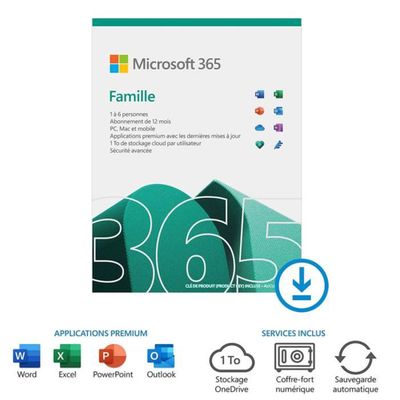 Microsoft 365 Famille - Code d'activation envoyé par email valable pour 6 appareils pendant 1 an