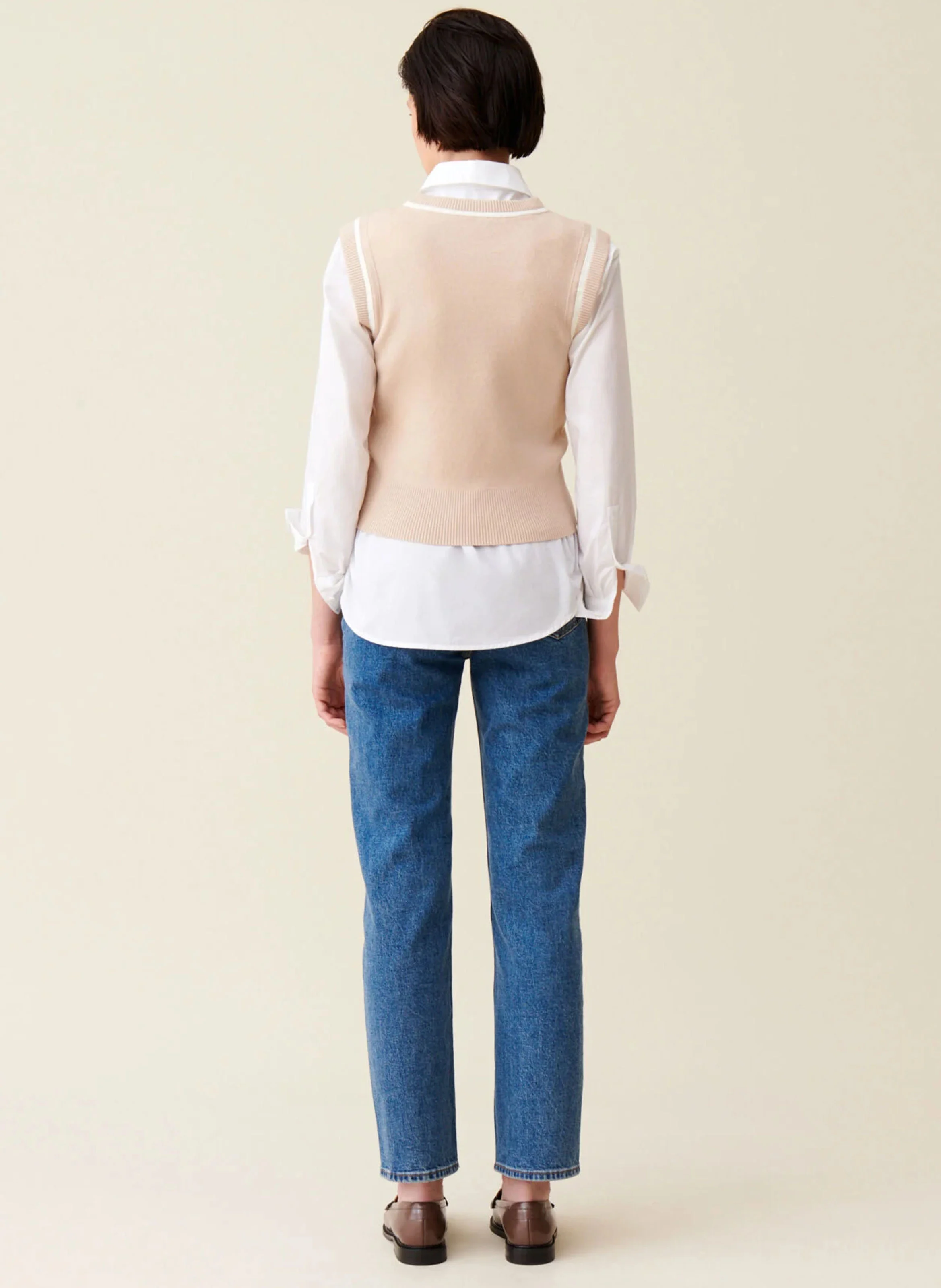 Pull col rond en maille| Beige
