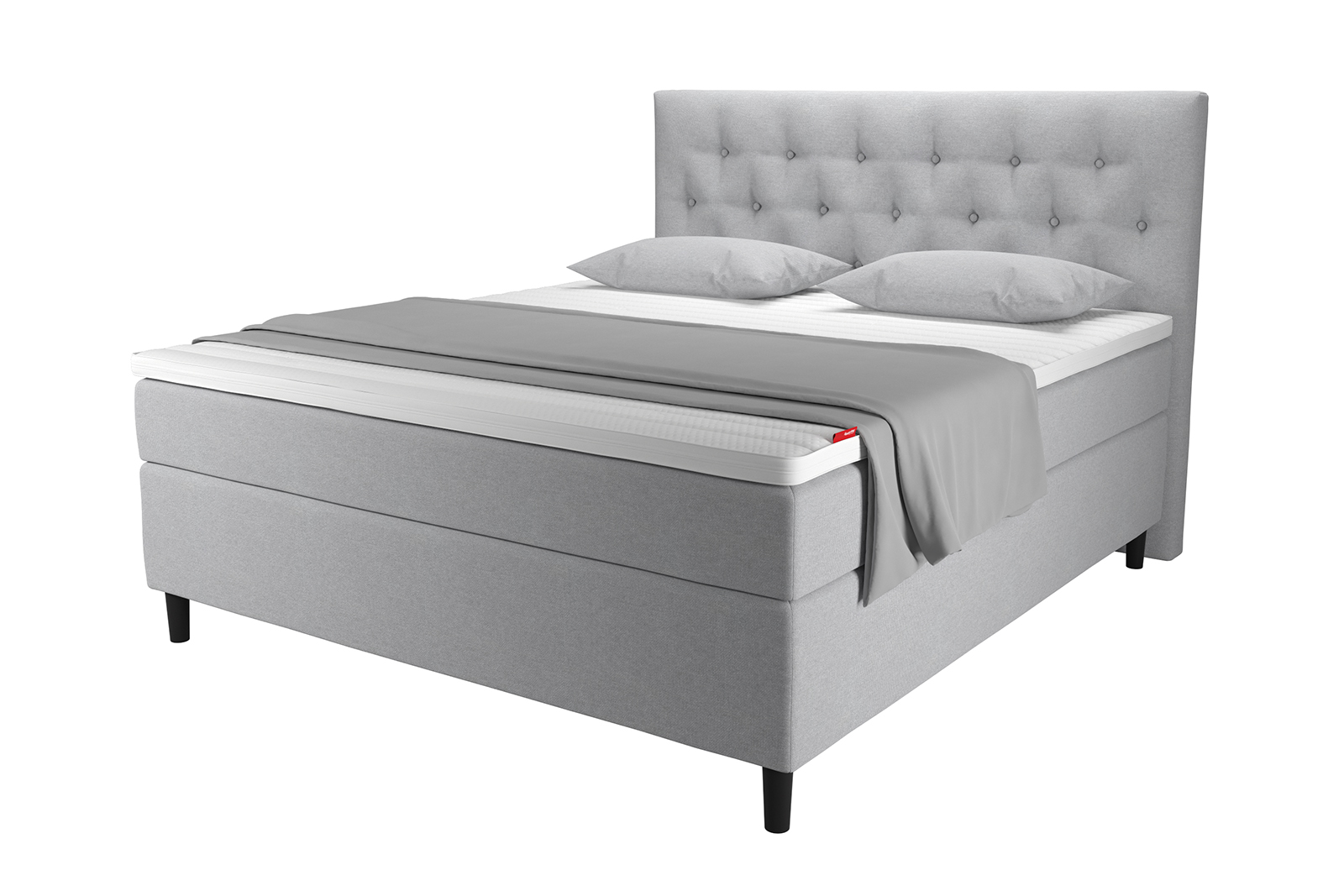 SL10 kontinentalseng Tekstil Moon 53 i 160x200 cm. Ekstra Fast/Ekstra Fast komfort m/Premium latex overmadrass og Round black ben 13 cm med støtteben. Uten hodegavl.