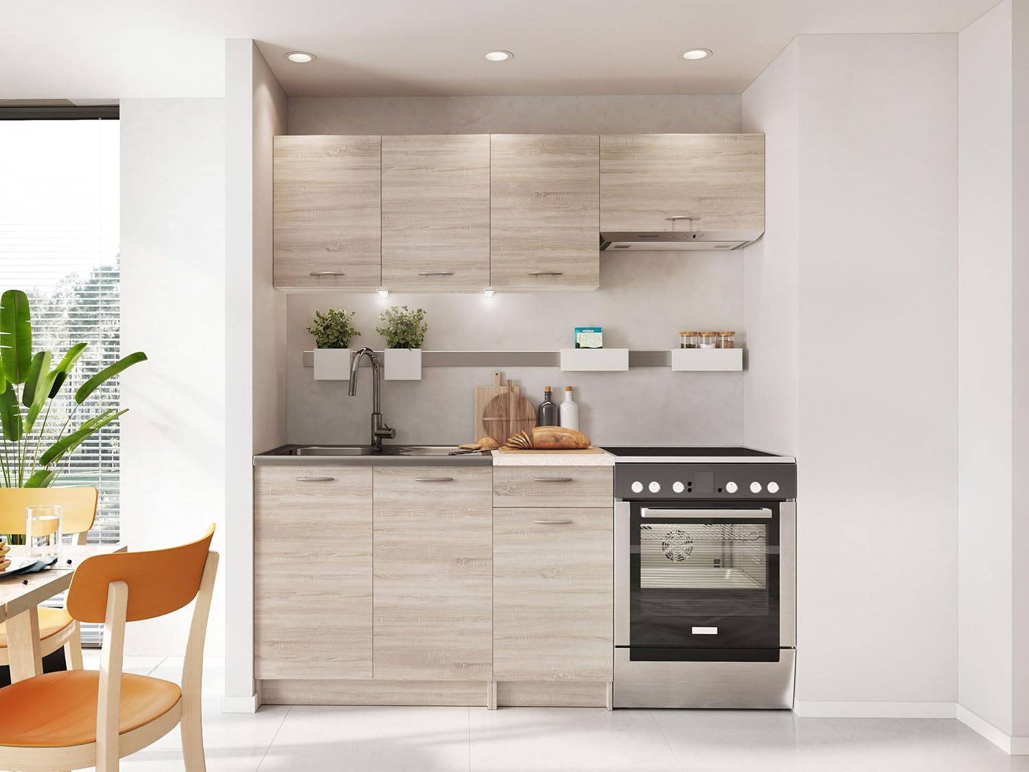 Mirjan24 Küche Mela 180/120 cm, Küchenblock/Küchenzeile, 5 Schrank-Module frei kombinierbar (Sonoma Eiche/Petra Beige, mit LED Beleuchtung)