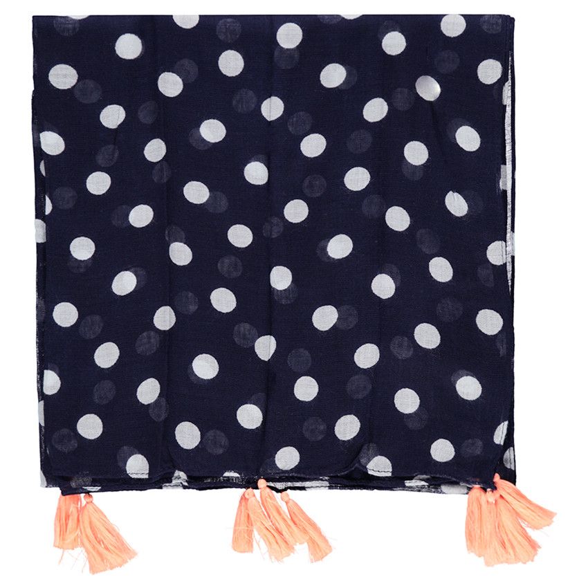 chèche en voile de viscose à pois avec pompons - Bleu marine