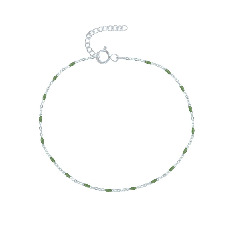 Bracelet de Cheville Argent Perles Émaillées - Vert kaki