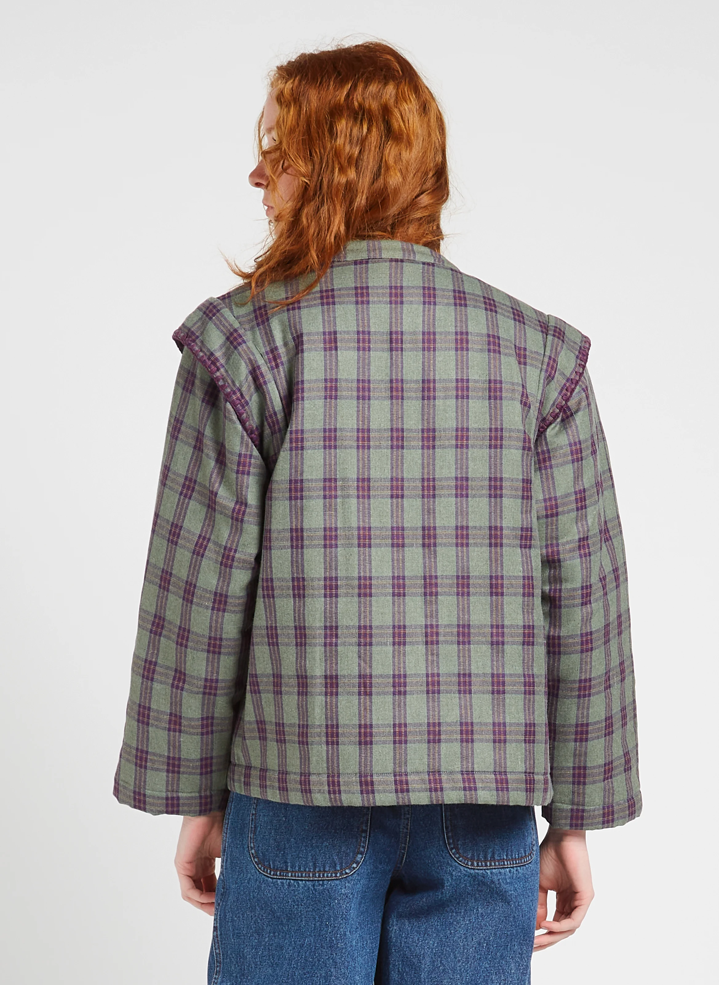 MAURA - Veste col rond brodée à imprimé tartan | Kaki