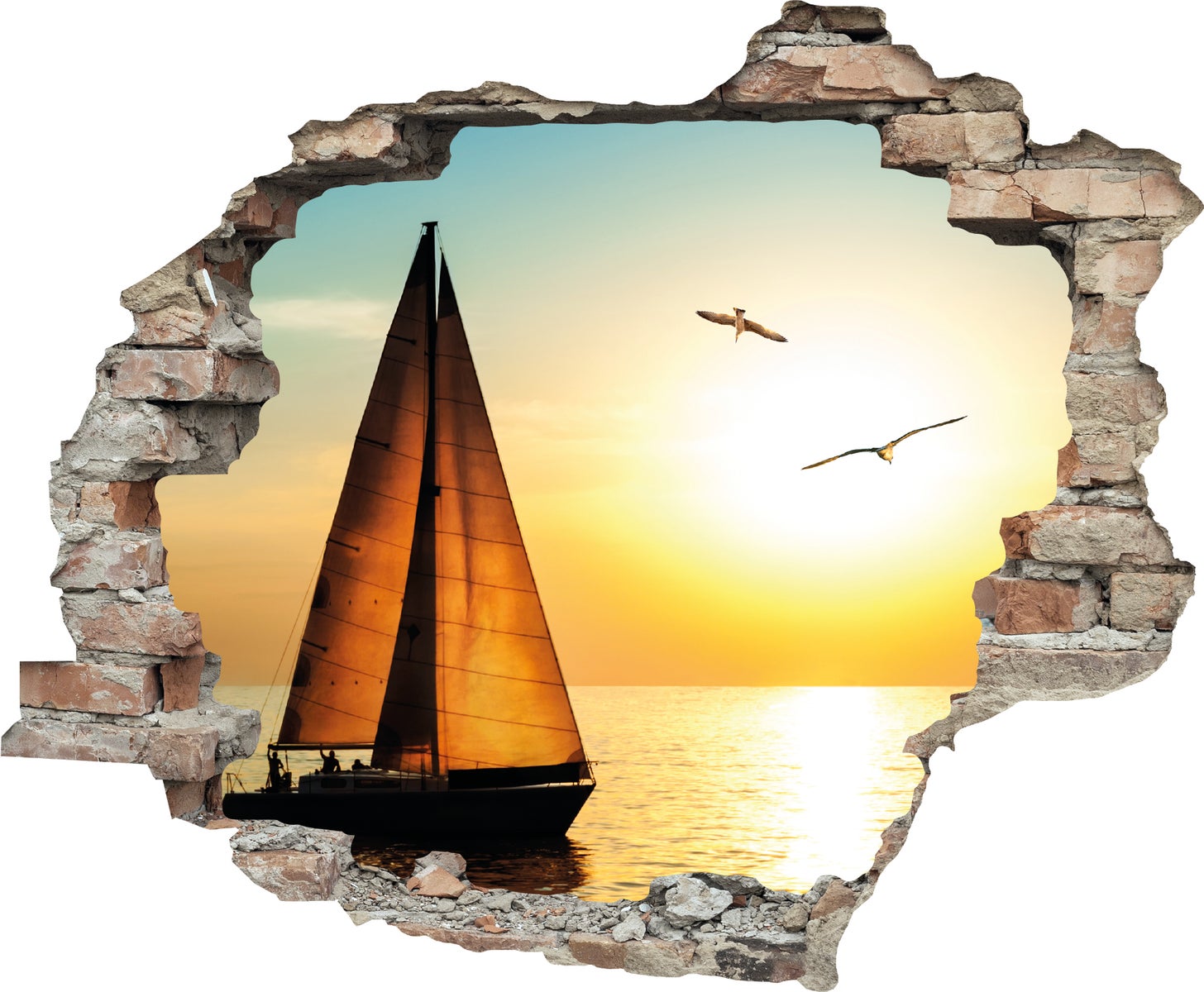 3D muurdoorvoer zelfklevende sticker zeilboot bij zonsopgang WS0951_60x50 cm
