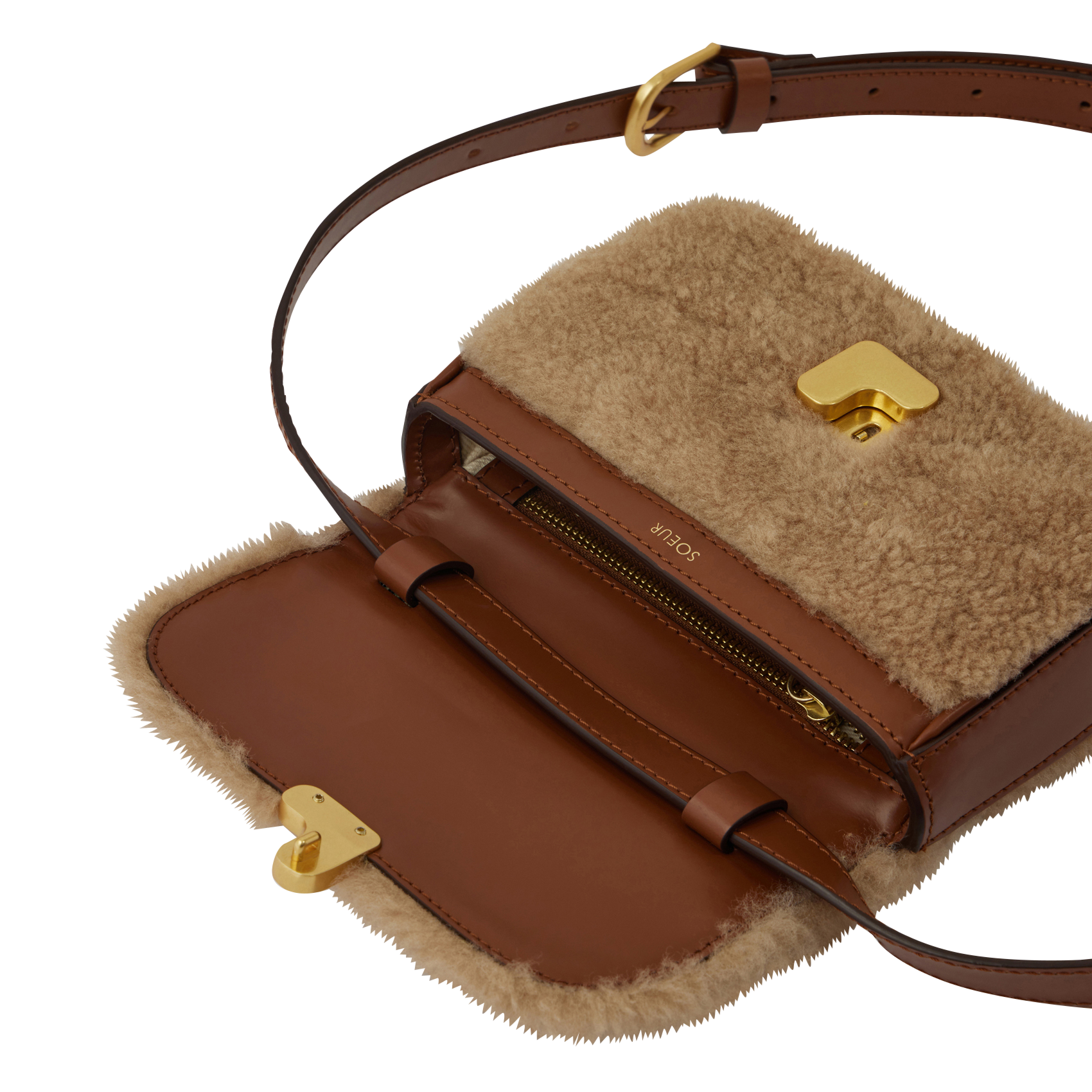 BELL VERY MINI - Mini sac bi-matière cuir et shearling| Marron