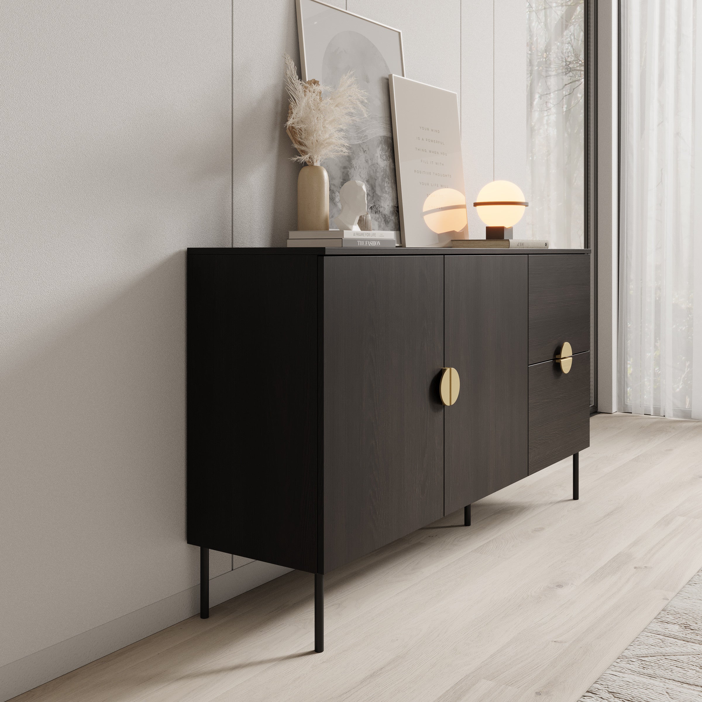 Meubella - Dressoir Monor - Zwart eiken - 160 cm