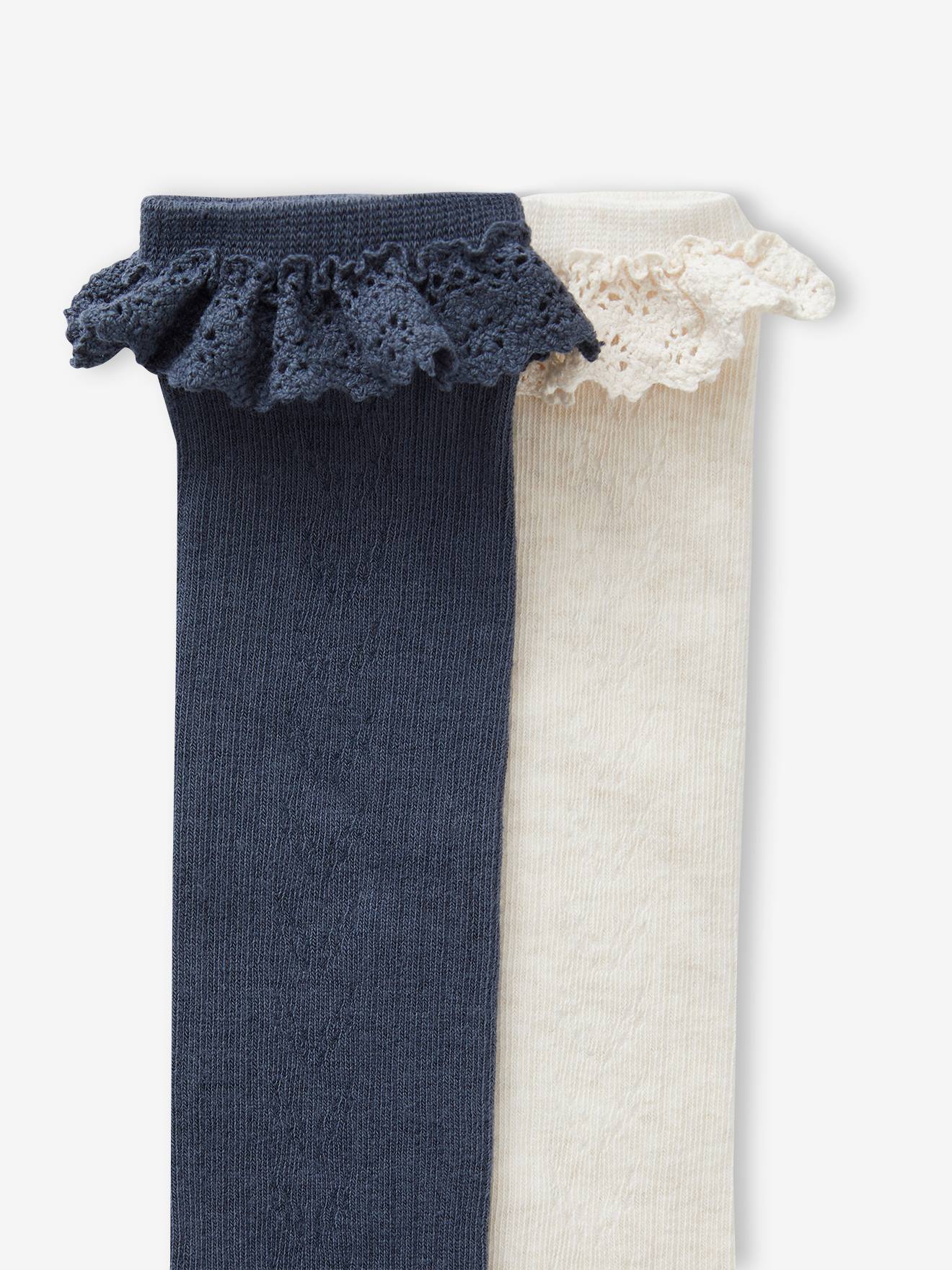 Pacote com 2 pares de meias até o joelho em tricô vazado e renda azul marinho para meninas.