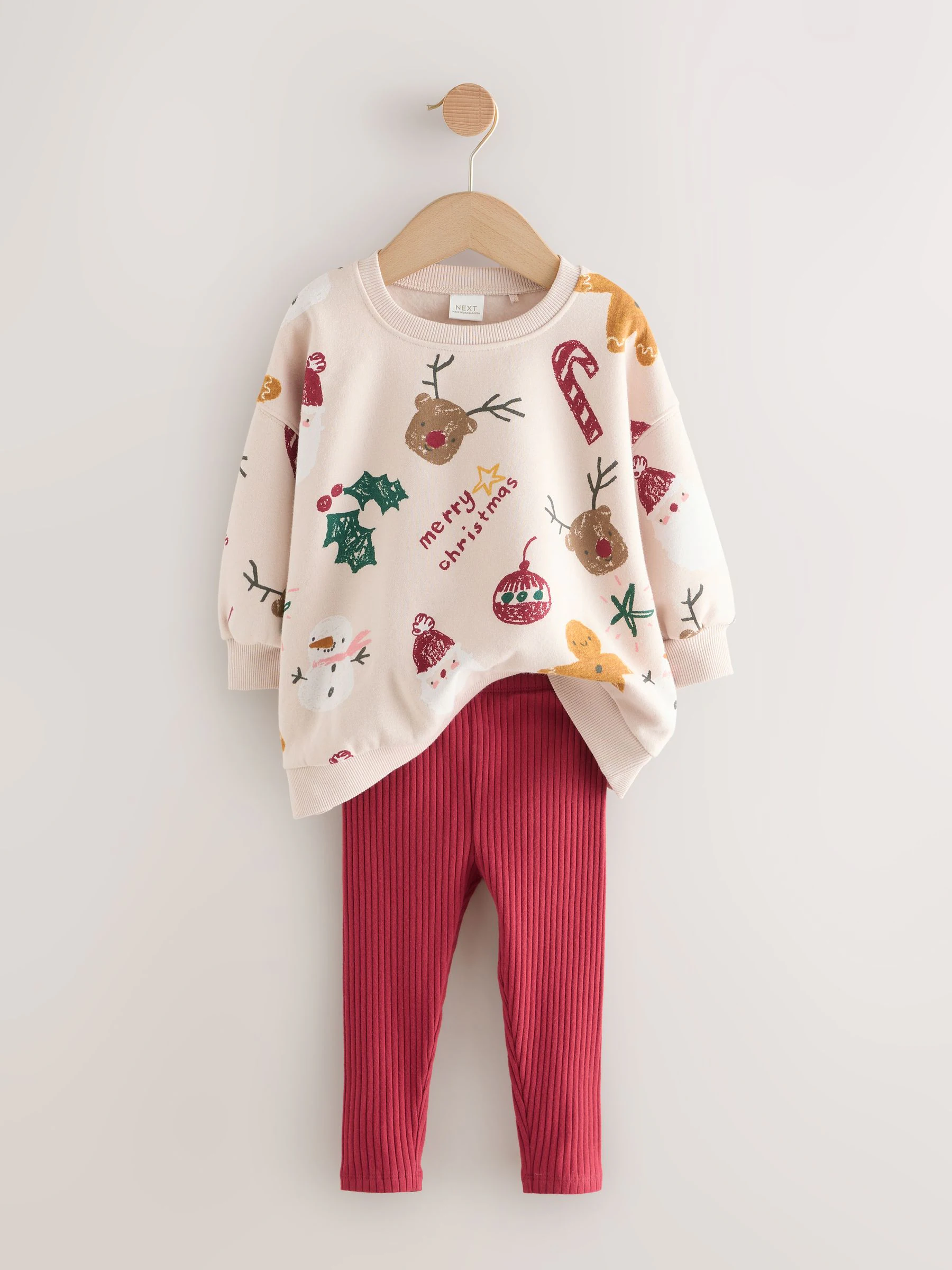 Beige/rode kerstprint - Set met sweatshirt en legging (3 mnd-7 jr)