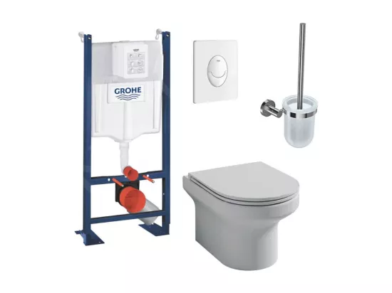 Pack WC suspendu sans bride JACOB DELAFON Elite + Bâti support GROHE Rapid SL Project 1.13 M + plaque blanche Quickfix + porte-balai chromé