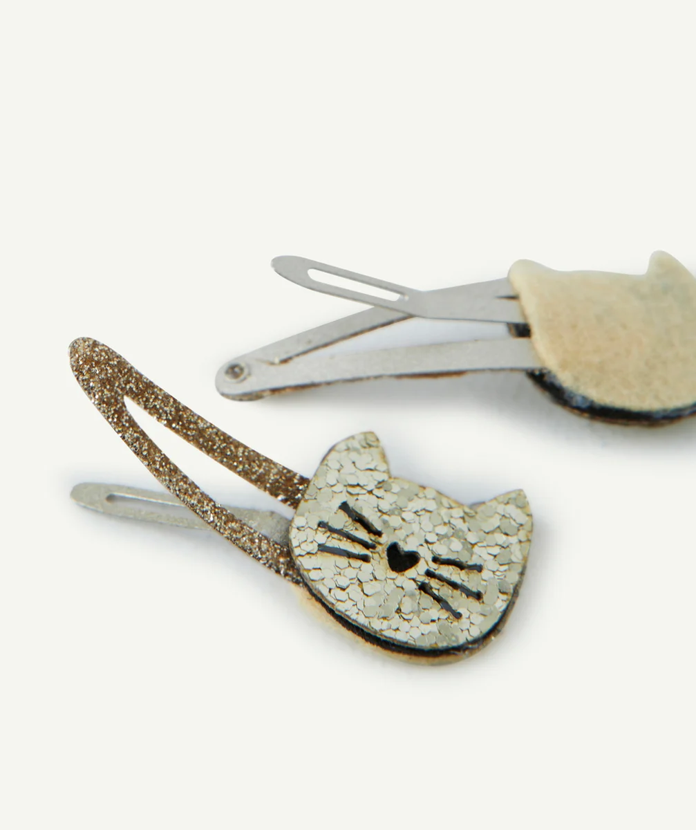 LOT DE 2 BARRETTES BÉBÉ FILLE COULEUR DORÉE AVEC CHATS