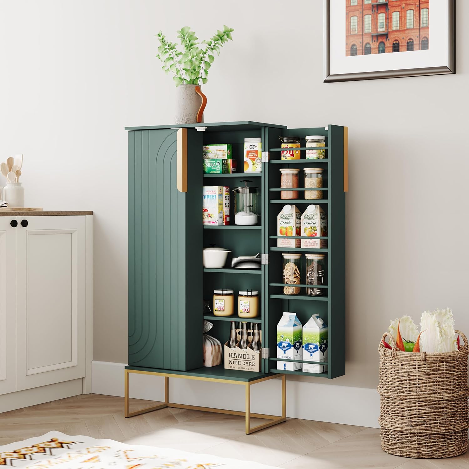 Küchenschrank Badezimmerschrank Badschrank Wohnzimmerschrank Schlafzimmerschrank Mehrzweckschrank mit verstellbarem Regal,Schrank freistehend für Küche,Badzimmer,Wohnzimmer (Stil 2 - Grün)