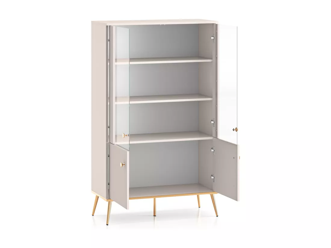 Vitrine basse - 4 porte - Grège avec pieds dorés - SELGIN