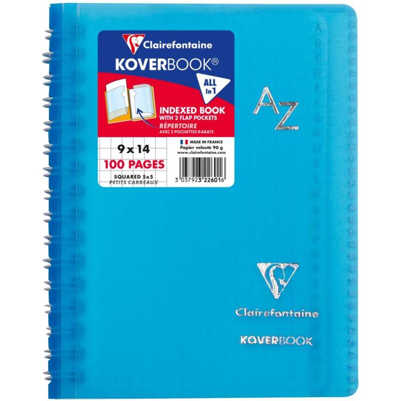 Répertoire reliure intégrale enveloppante Koverbook 9x14cm 100 pages petits carreaux couverture polypropylène transparent - Assortis