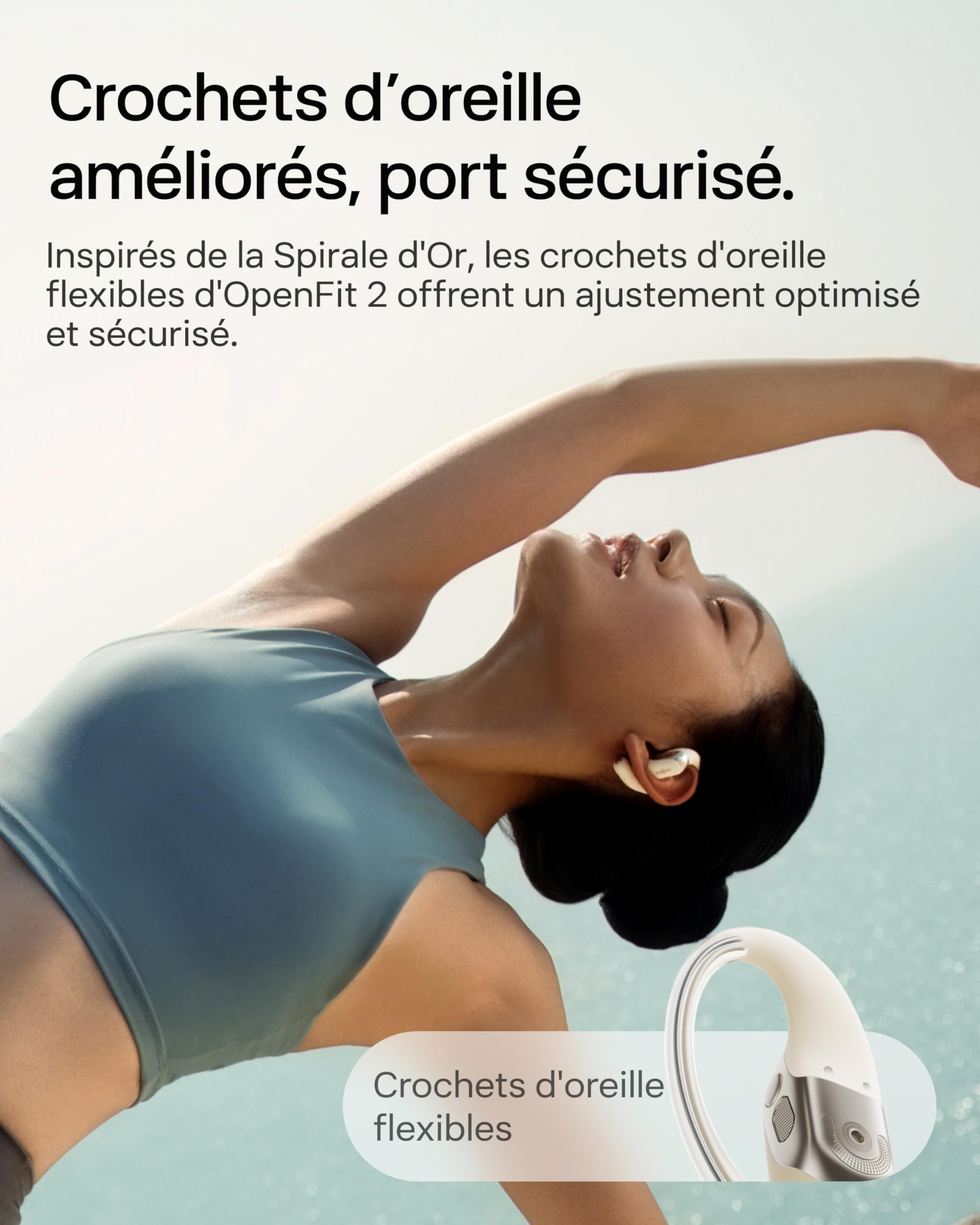SHOKZ OpenFit 2 Casque à Oreilles Libres, écouteurs Bluetooth sans Fil avec Micro, écouteurs avec Crochet d’oreille et 48 Heures de Lecture, Charge Rapide, résistance IP55, Sac de Transport, Beige