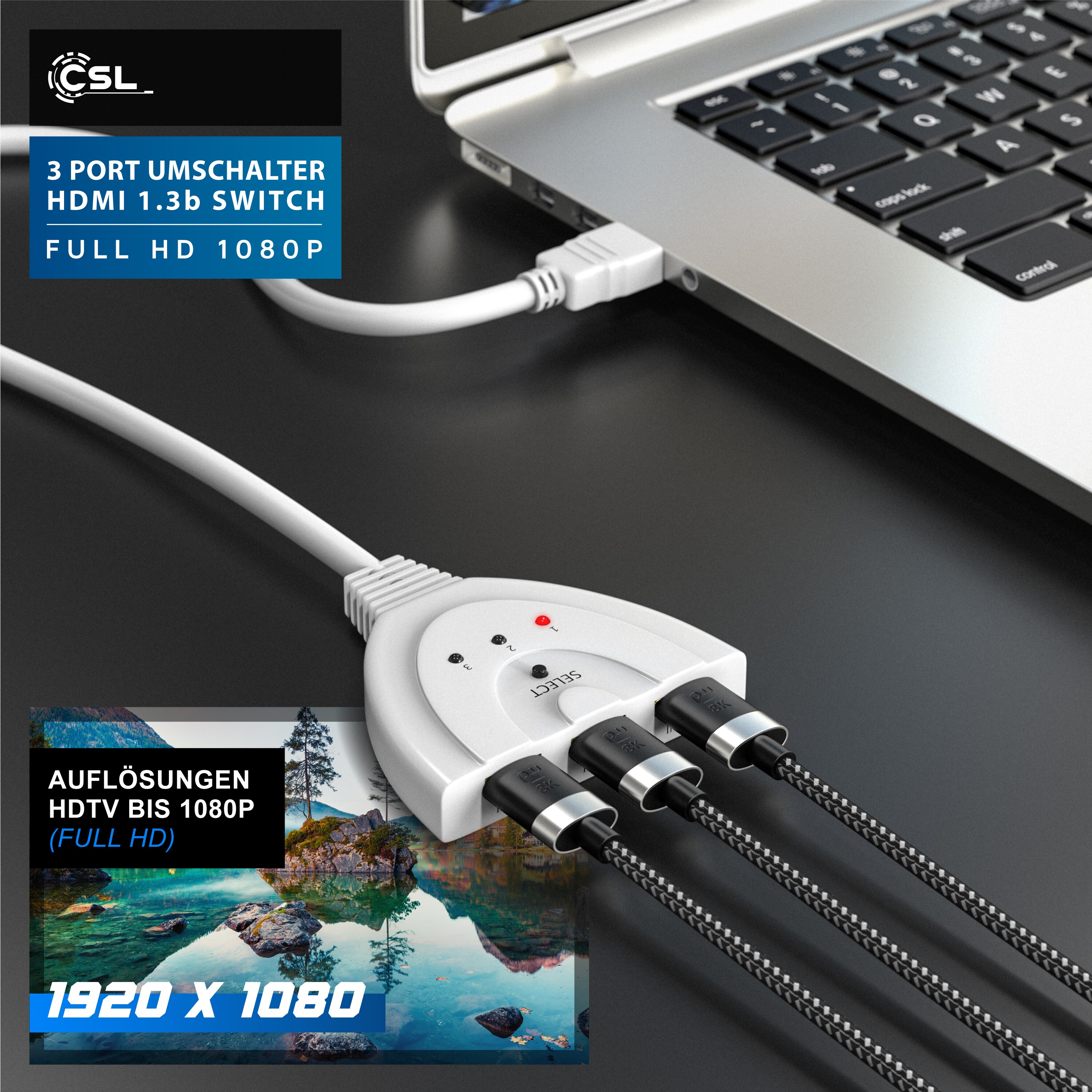 CSL 3-Port HDMI Switch, Full HD, automatische Umschaltung / 3D / HDCP / CEC
