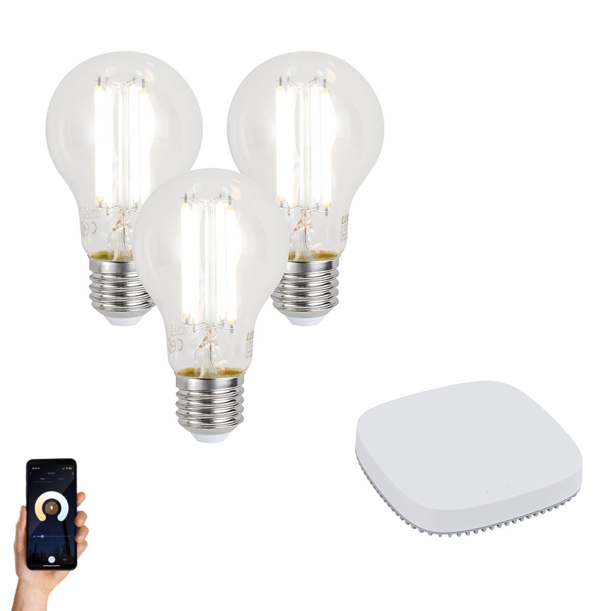 Set van 3 smart E27 dimbare LED lampen A60 7W 806LM 2700-6500K incl. Zigbee Smart Hub
