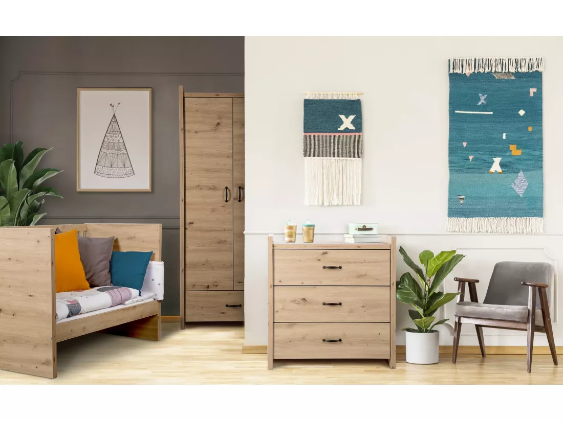 MINEA | Armoire ELISA L. 84 cm Imitation Chêne | 2 portes + 1 tiroir