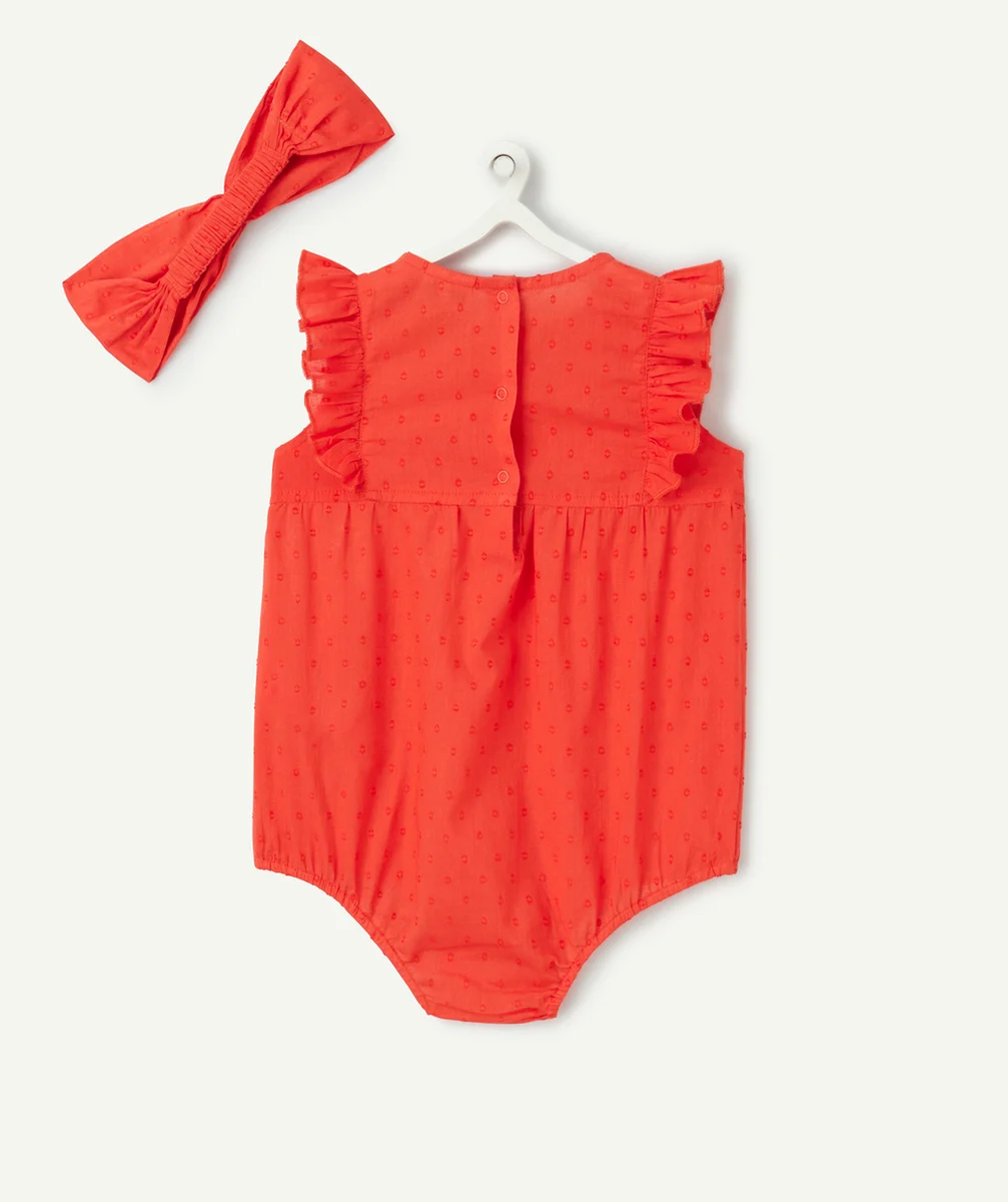 barboteuse bébé fille en coton bio rouge avec turban assorti