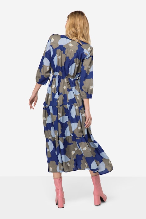 Kleid, Blüten Print, Stehkragen, 3/4-Ärmel