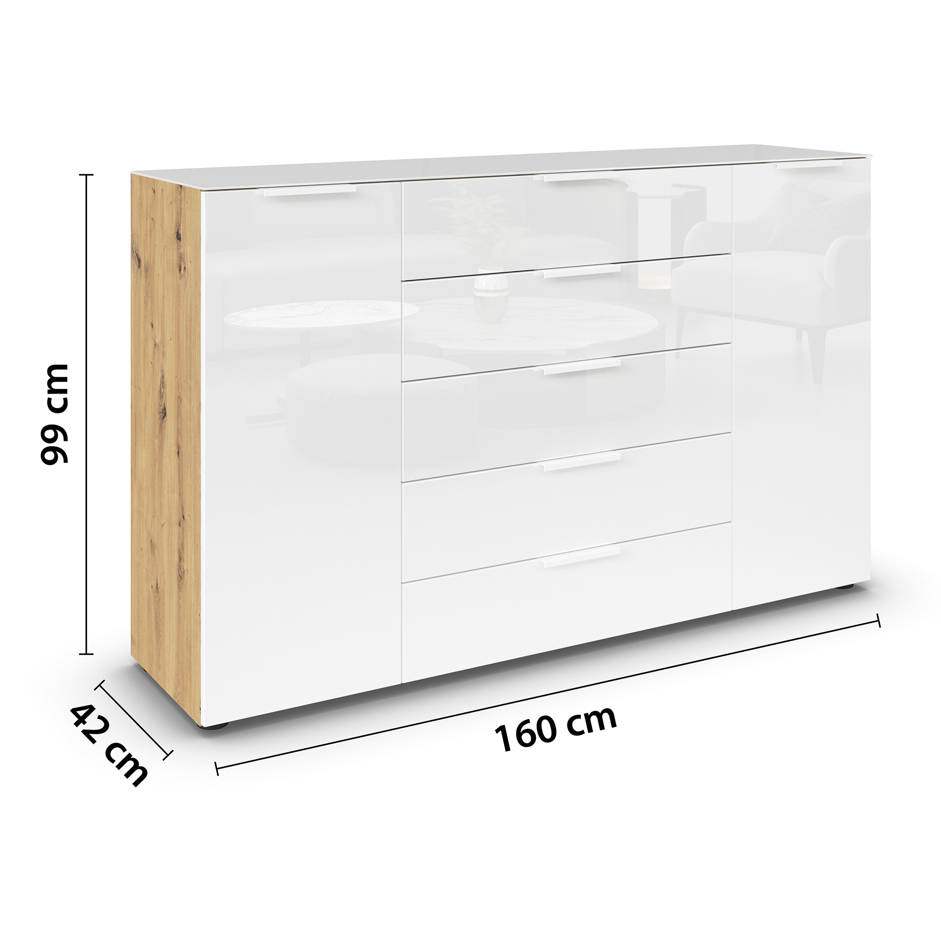 Kommode - Artisan Eiche-Kristallweißglas - weiße Griffe - 160 cm