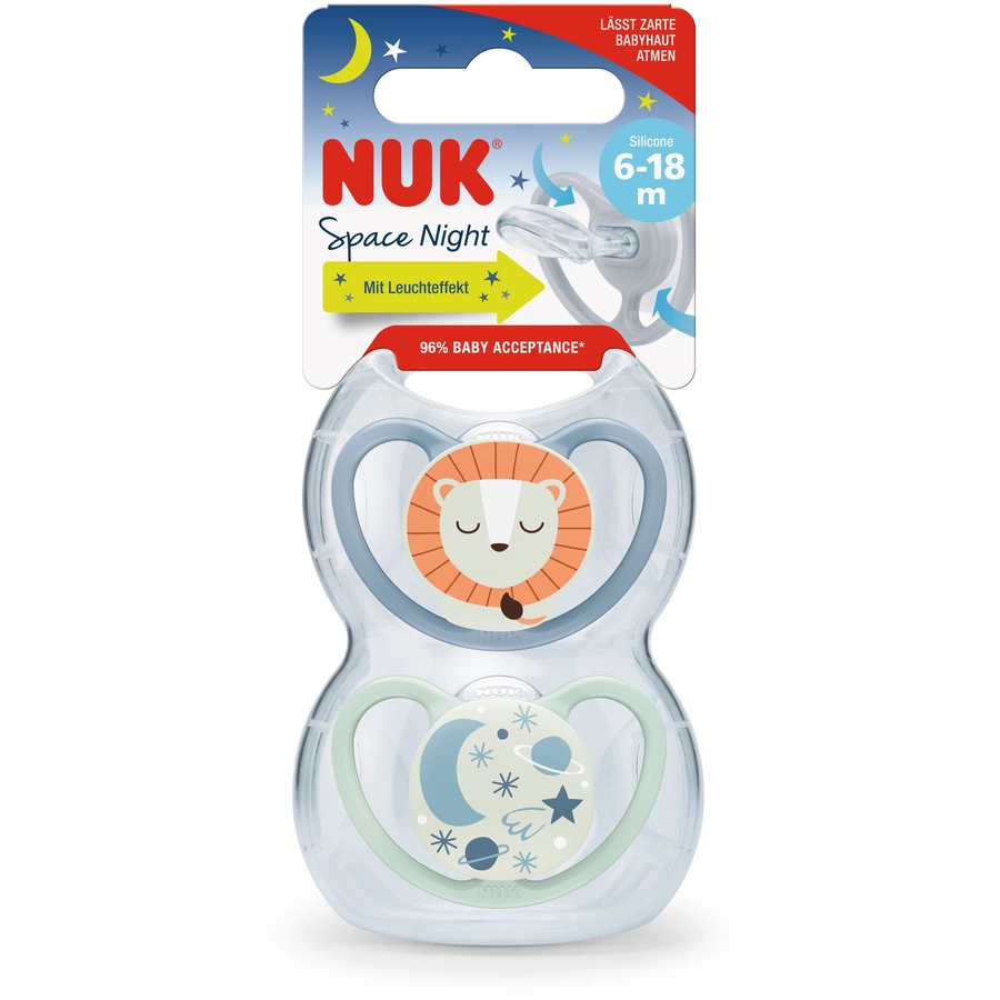 NUK Nachtschnuller Space Night Silikon Gr. 2, LöweNachthimmel 4 Stück