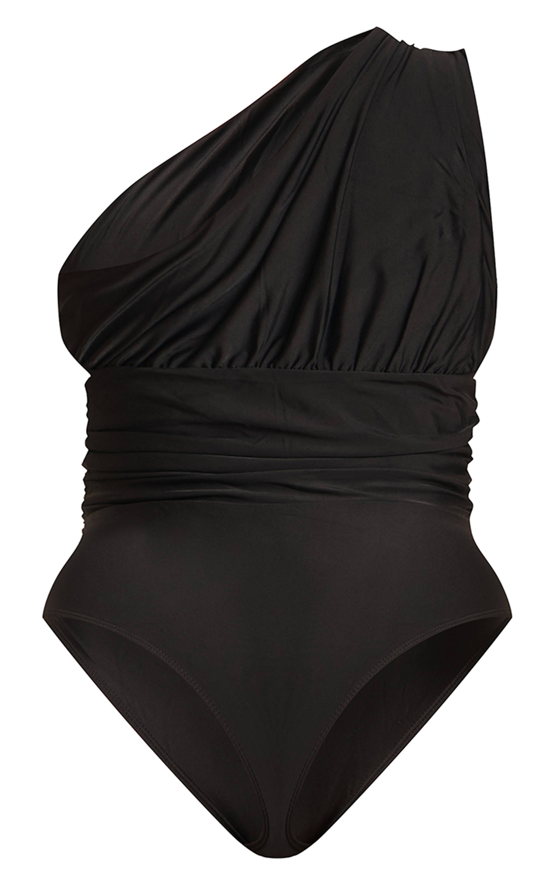Noir Maillot De Bain Échancré Une Épaule Froncé Sculptant