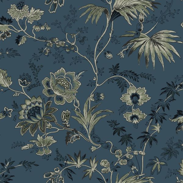 Estahome Vintage Bloemen Behang II - 0,53 x 10,05 m - Donkerblauw / Olijfgroen