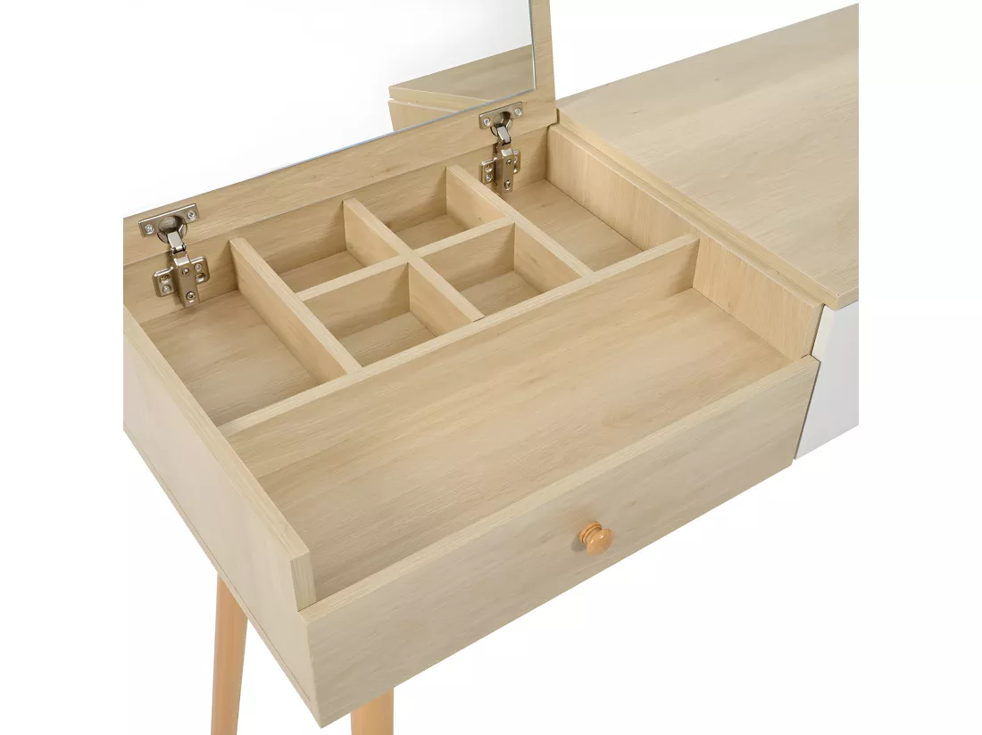 Coiffeuse avec miroir de rangement, 3 tiroirs, multiples compartiments de rangement, grande capacité de rangement - Naturel (tabouret non inclus)