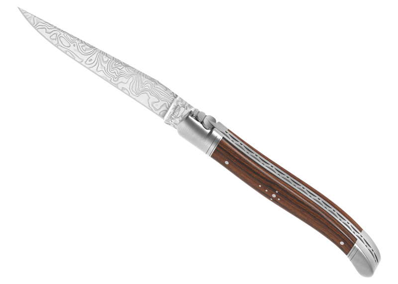 Couteau Laguiole collection damas avec un manche en bois de bocote et 2 mitres en acier inoxydable