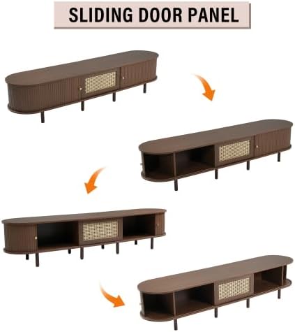 Merax TV Schrank Oval 180 cm, Lowboard aus MDF in Dunkel Walnussfarbe, Rattan Design, 1 Schublade, 2 Schiebetüren, Verstellbare Füße, TV Board für Wohnzimmer, Passend für 30 kg TV