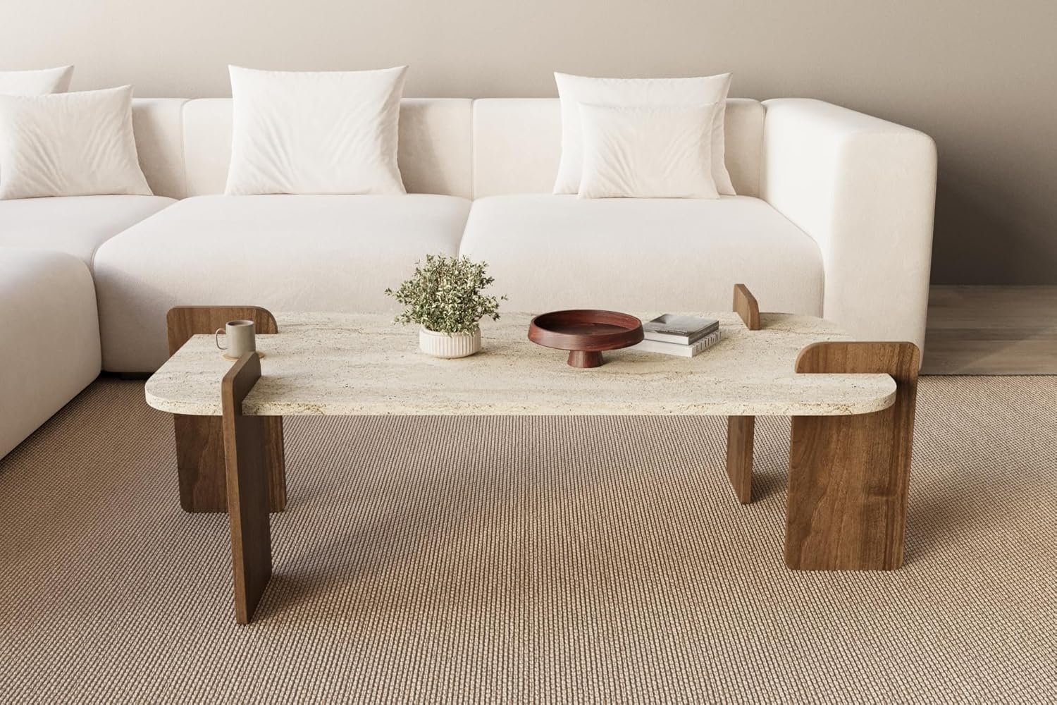 moebel17 Couchtisch Twinkle Travertin Braun Granit Optik, Moderner Sofatisch, Tisch fürs Wohnzimmer aus Holz, Ablagefächer, Stauraum mit Tür, Designer 93342