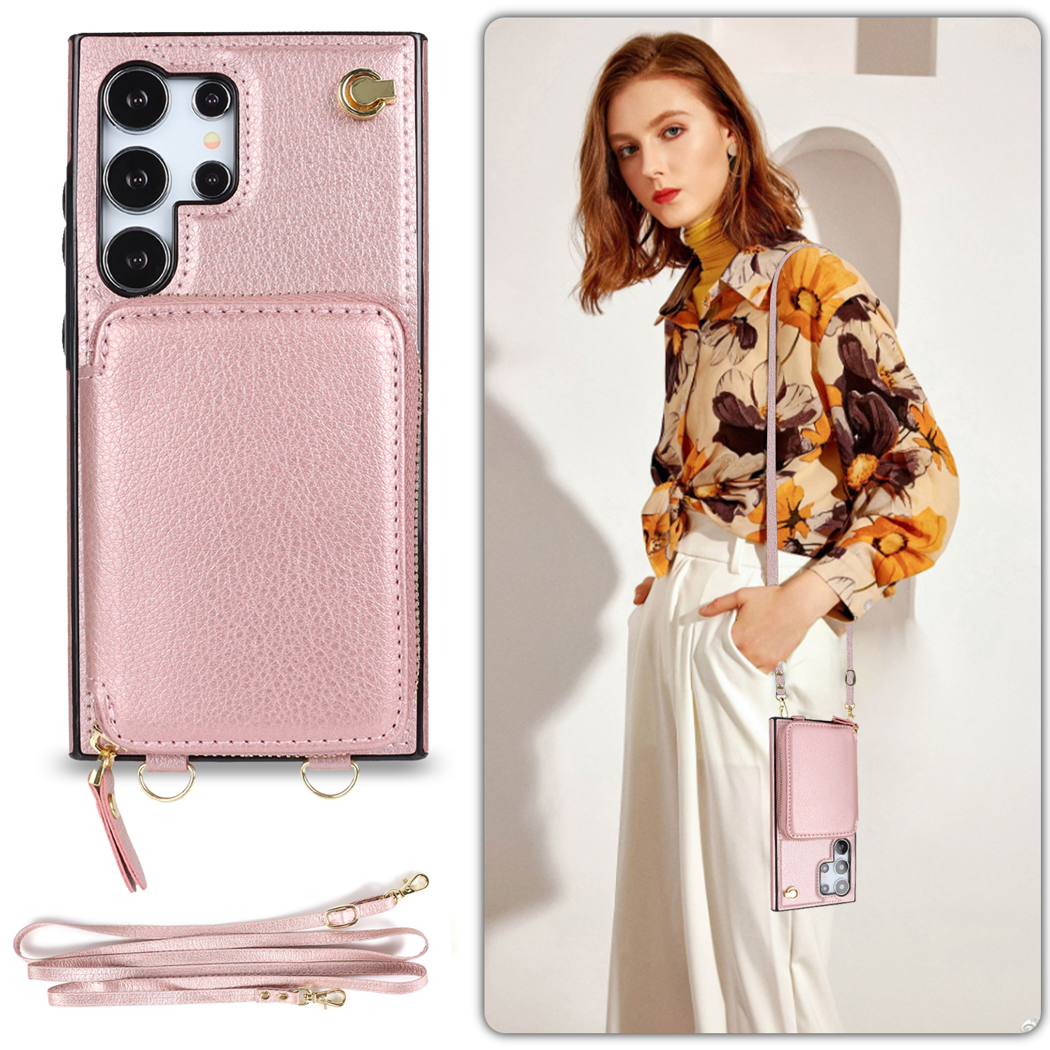 Samsung Galaxy S25 Ultra Necklace Leder Schutz Hülle mit Kartenfächer   Handykette (140cm) - Roségold
