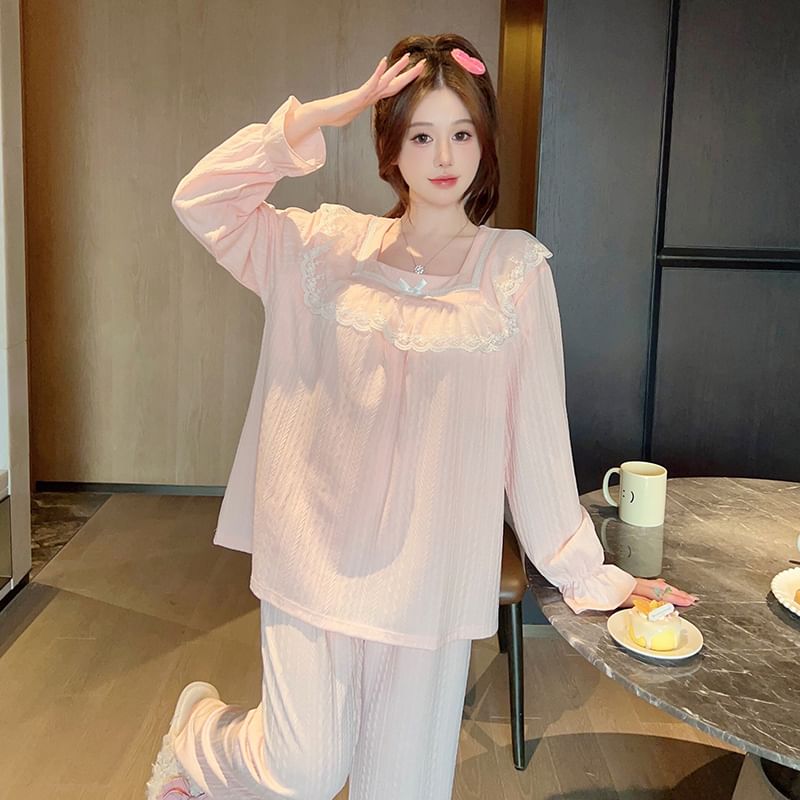 Siensien - Pyjamaset: lange mouwen, vierkante hals, strik, ruches, gewatteerde top + elastische taille, effen rechte broek