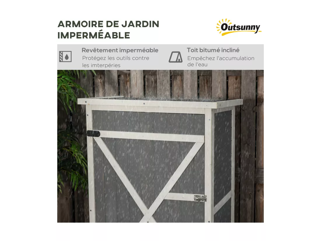 Armoire abri de jardin remise pour outils - grande porte verrouillable loquet - 2 étagères - toit bitumé incliné bois de sapin blanc gris