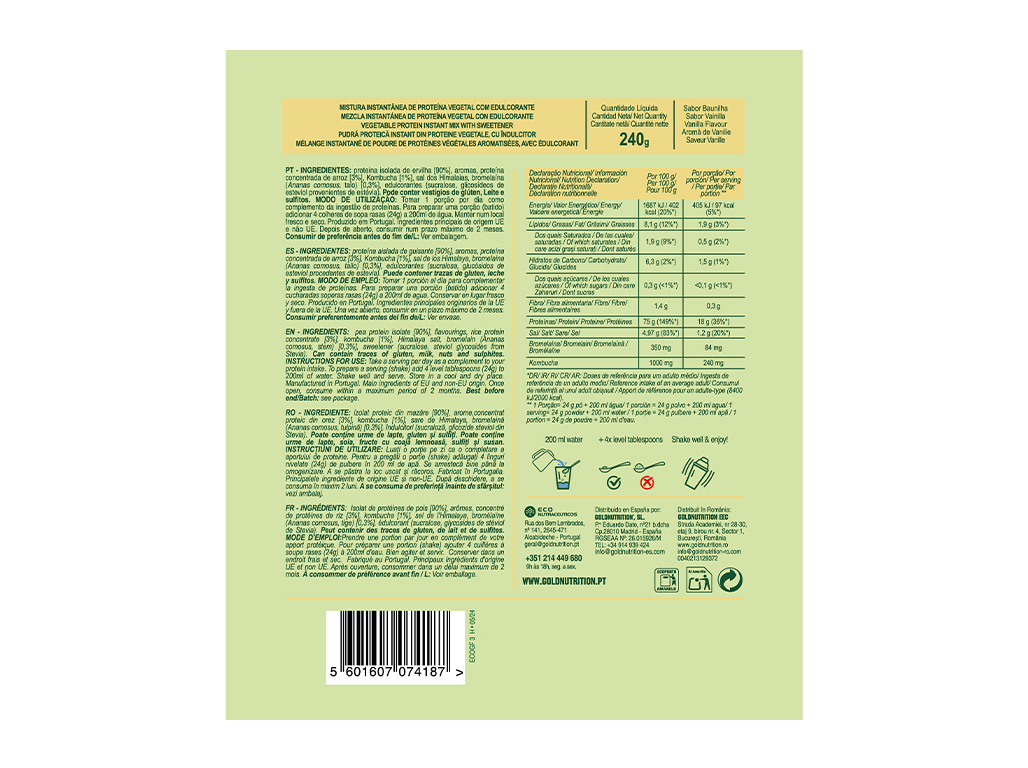 PROTEÍNA GOLDNUTRITION V-PROTEIN VEGETAL BAUNILHA 240G