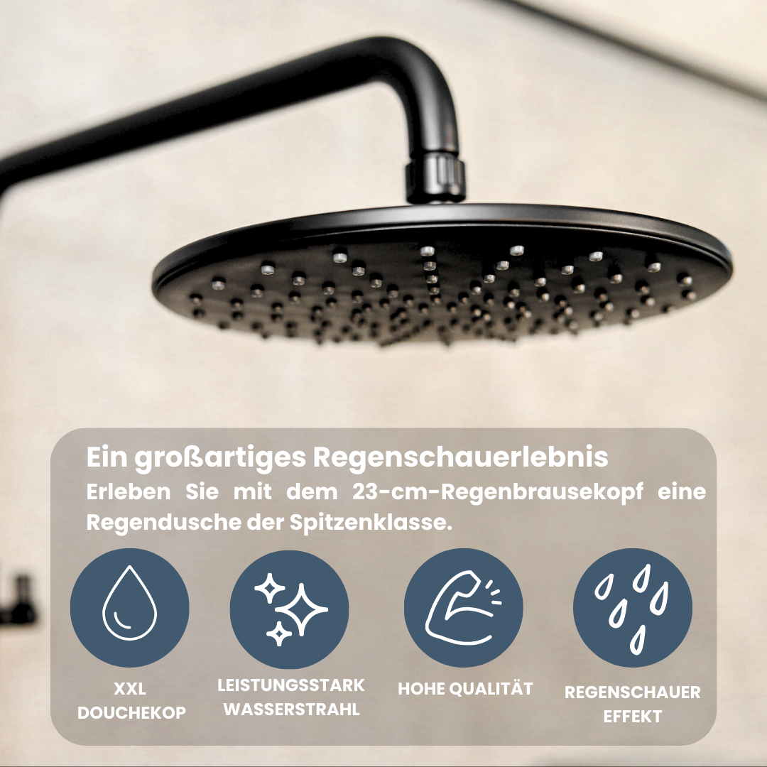 EcoRain Waterbesparende Regendoucheset Glenn 23 cm Zwart met Thermostaatmengkraan - 30% Waterbesparing - Moderne Regendoucheset - Handdouche 12 cm - Universele Douchekop - Antikalk Douchekop