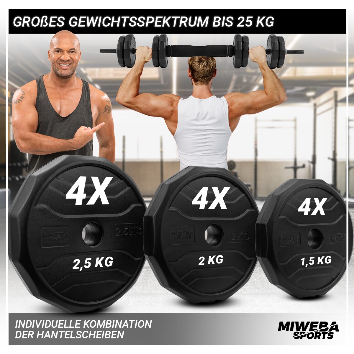 Miweba Sports 6in1-Hantelset, Kurzhanteln-Langhantel-Kettlebell, 25 kg, verstellbar, Sternverschluss