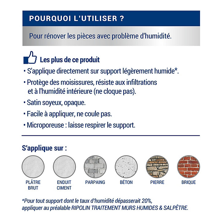 Peinture anti-humidité intérieur satin blanc Ripolin 2,5L