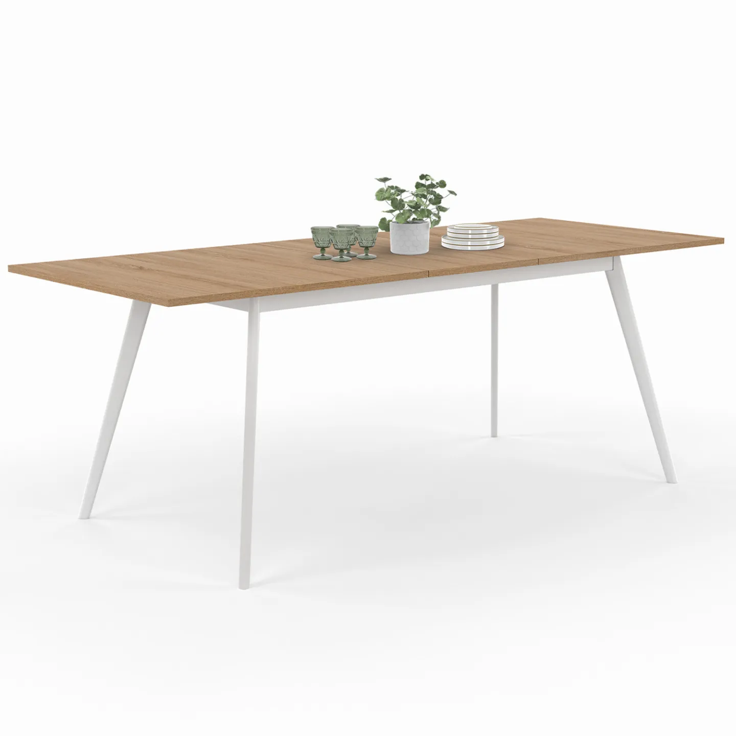 Table scandinave extensible rectangle INGA 6-10 personnes plateau bois pieds blancs 160-200 cm