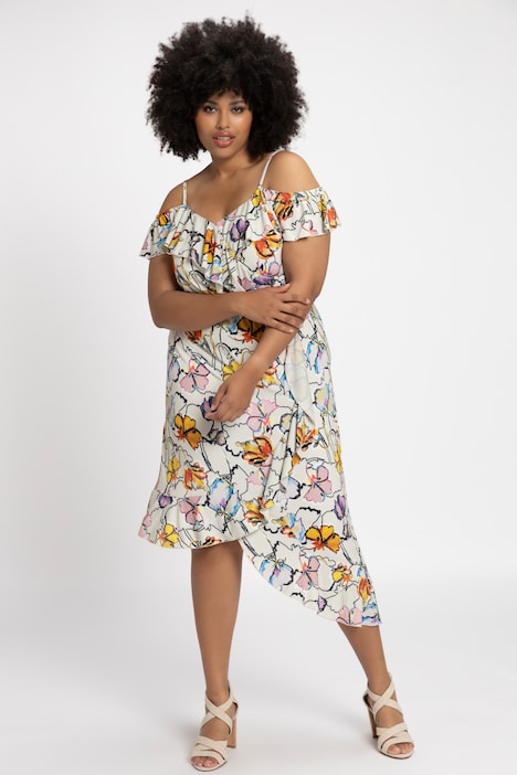 Midikleid, Off Shoulder, Blüten Print, Rüschen