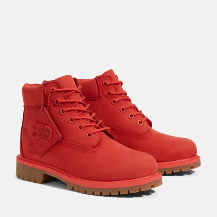 Bota Timberland Premium de 6 polegadas impermeável, edição 50, para crianças pequenas, na cor vermelha.
