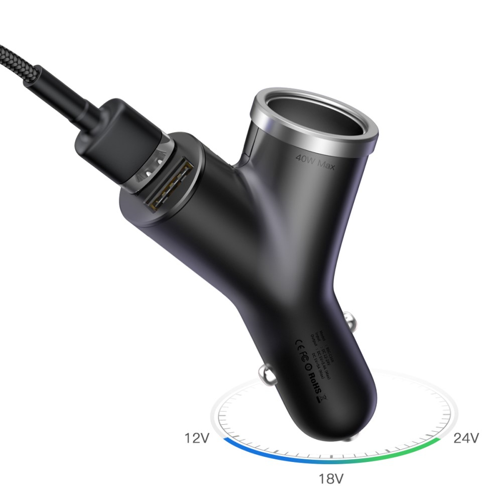 (40W) 2x USB A Auto KFZ Ladegerät mit Zigarettenanzünder - Schwarz