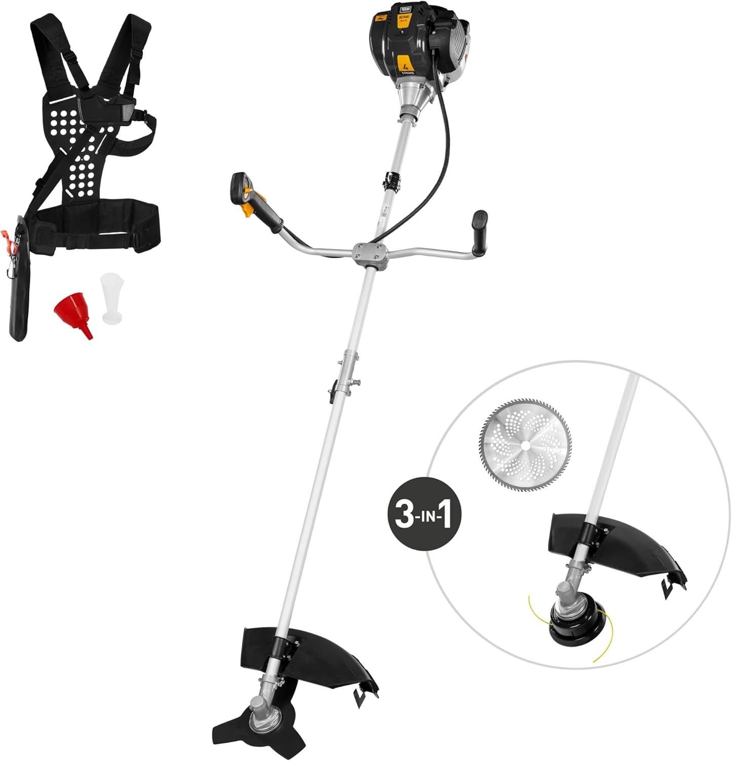 TEXAS Profi Benzin Motorsense BC358D 3in1 Rasentrimmer Freischneider Benzin 4-Takt | 35,8 CCM | 42 cm Arbeitsbreite | 8,2kg | höhenverstellbar | inklusive Tragegurt und viel Zubehör