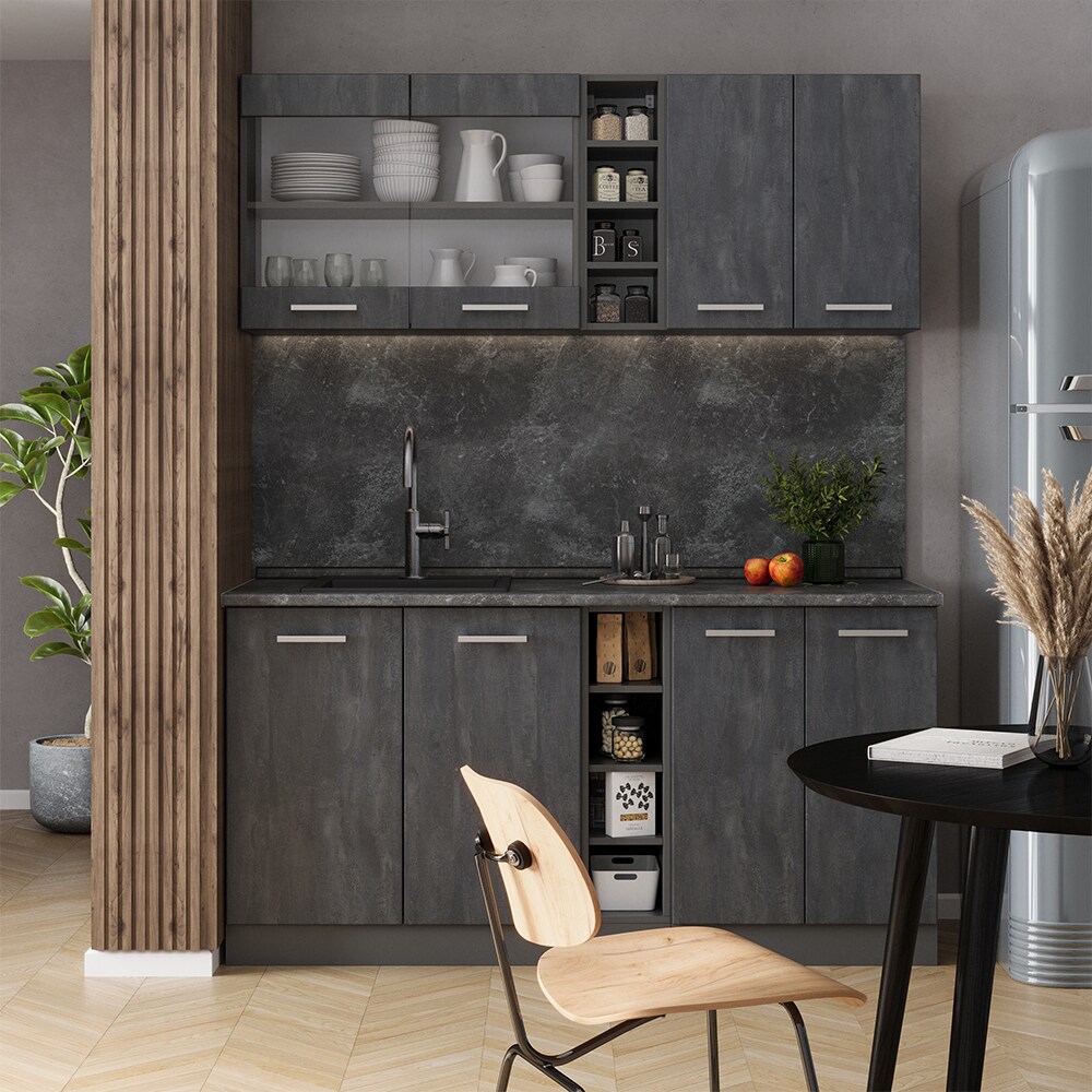Vicco Singleküche R-Line 160 cm Schwarz Beton Anthrazit ohne Arbeitsplatte