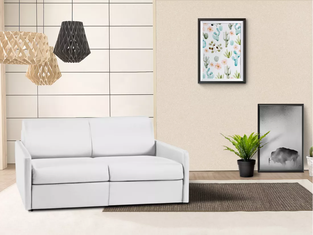 Canapé 3 places convertible express en simili blanc - Couchage 140 cm - Matelas 14 cm CALIFE