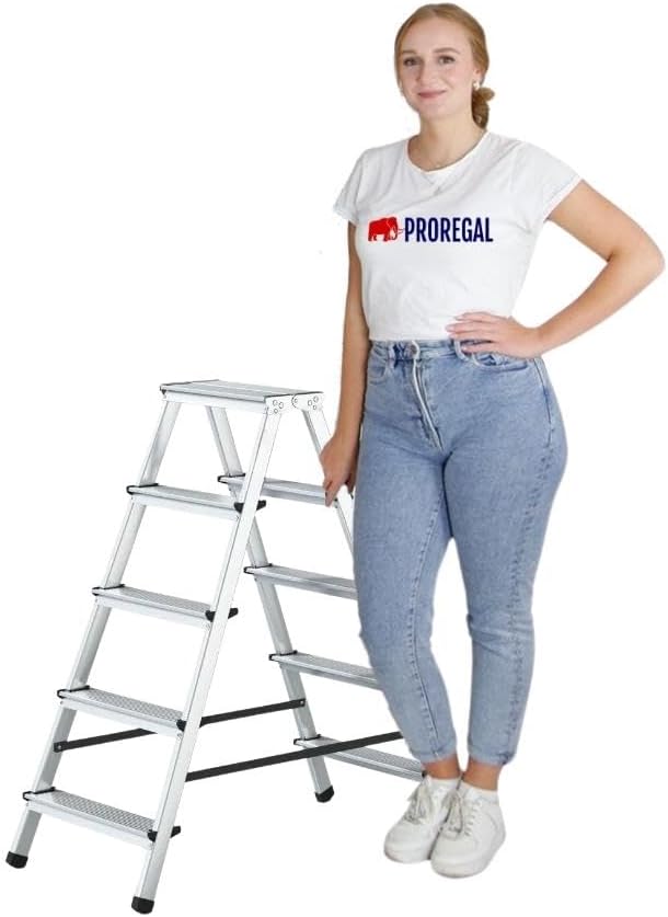 PROREGAL Economy Basic Trapladder, dubbelzijdig toegankelijk, 2 x 5 treden, werkhoogte 3,03 m, draagvermogen 125 kg